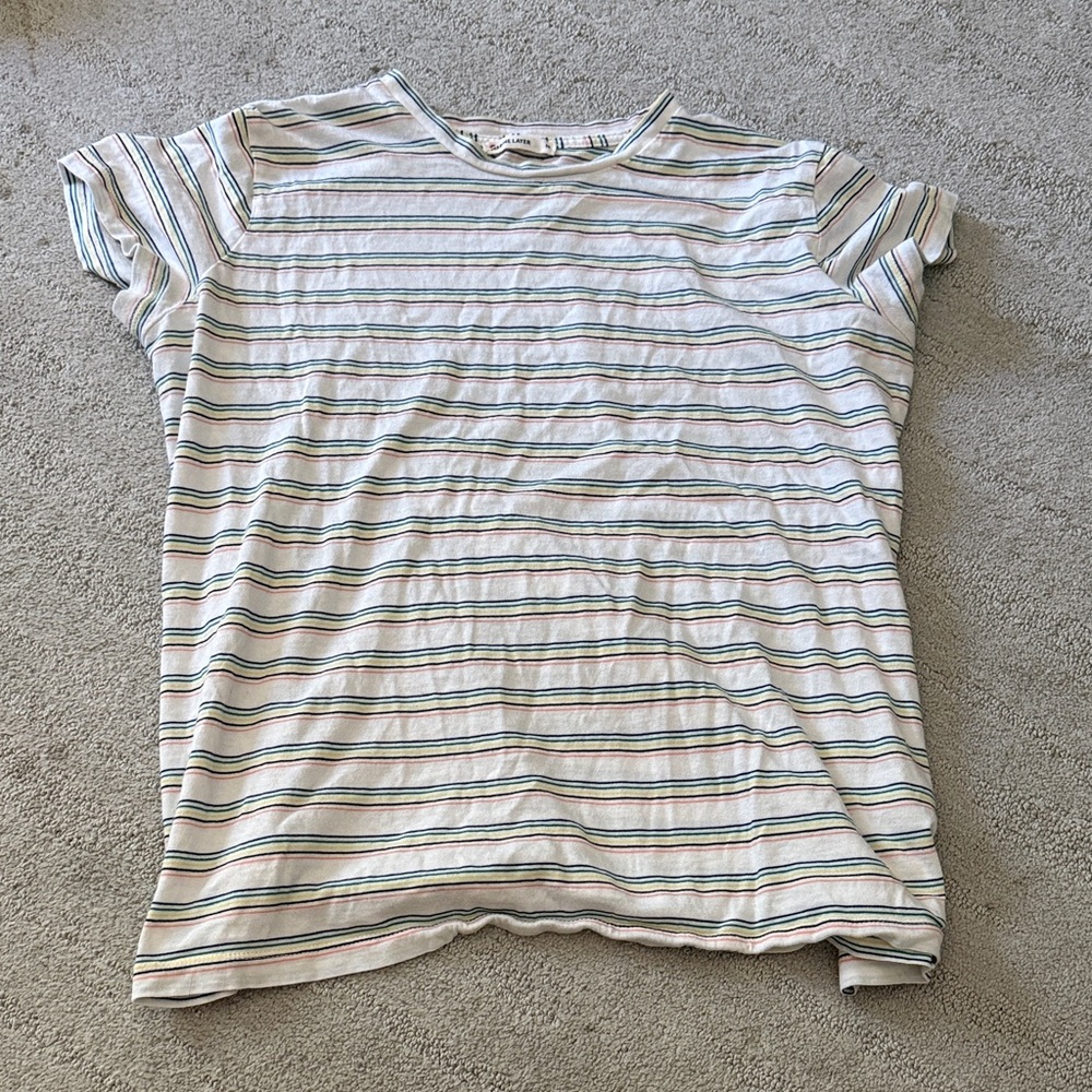Marine Layer White Tee with Navy, Green & Yellow Stripes